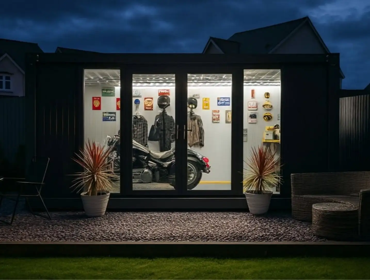 Caban garden room at night, used as a motorbike and hobby room